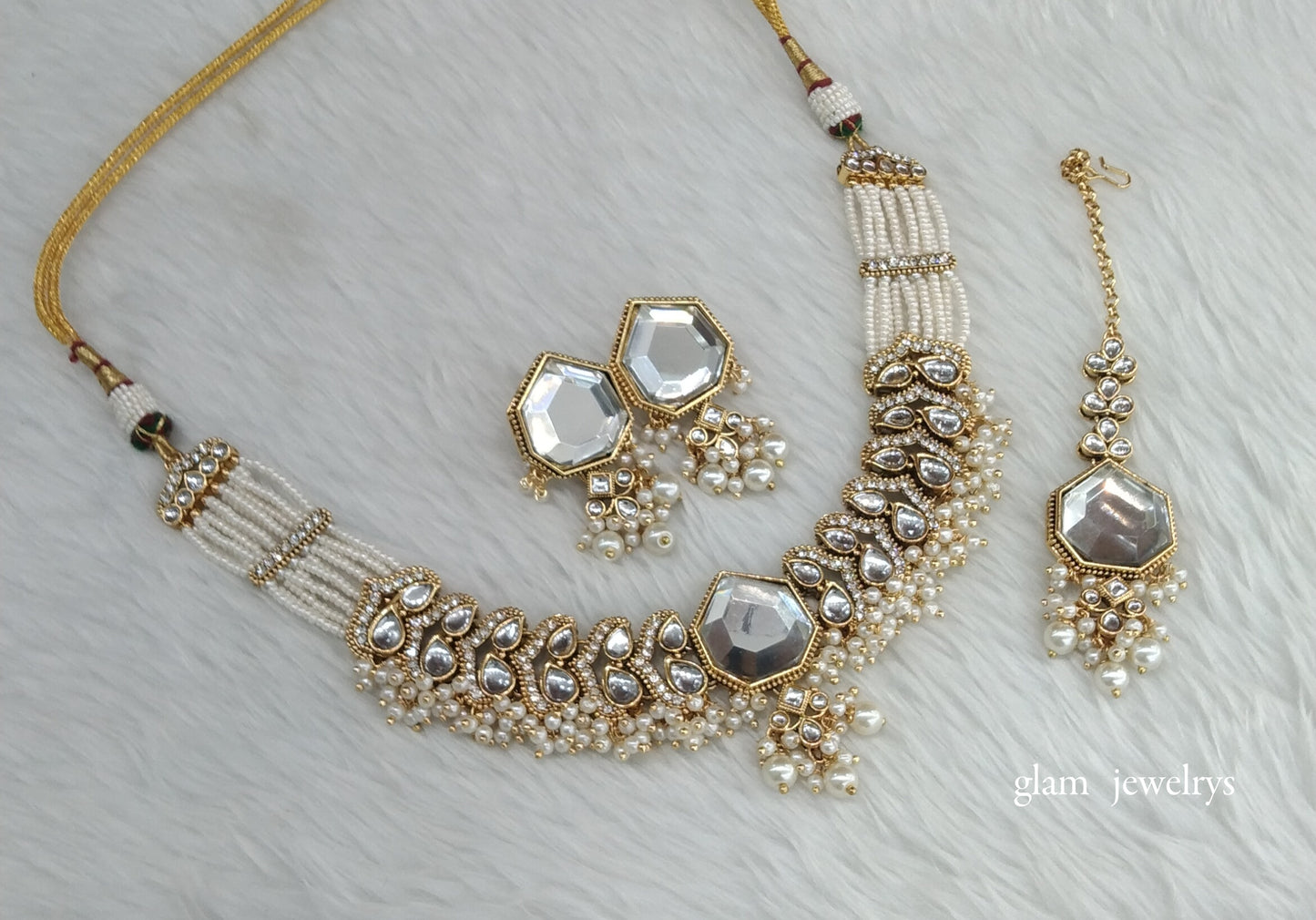 Gold White Kundan necklace Set/ kundan Indian jewellery Pinki sets