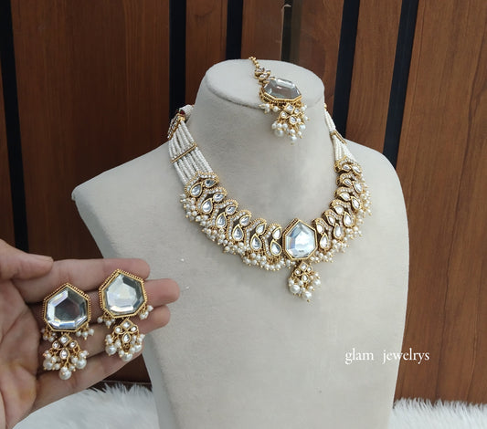 Gold White Kundan necklace Set/ kundan Indian jewellery Pinki sets