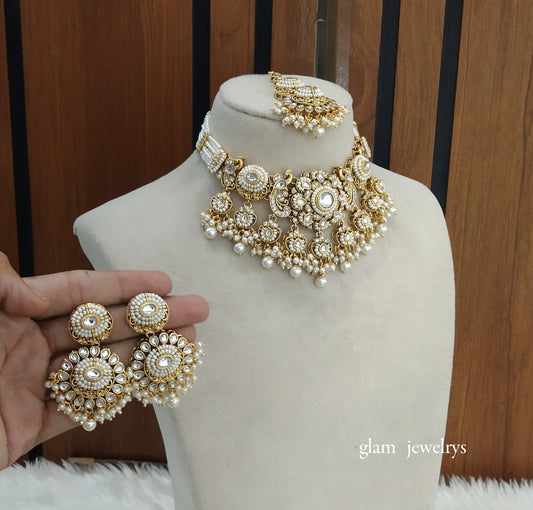 Gold White Kundan Choker Indian jewellery Priyanka sets