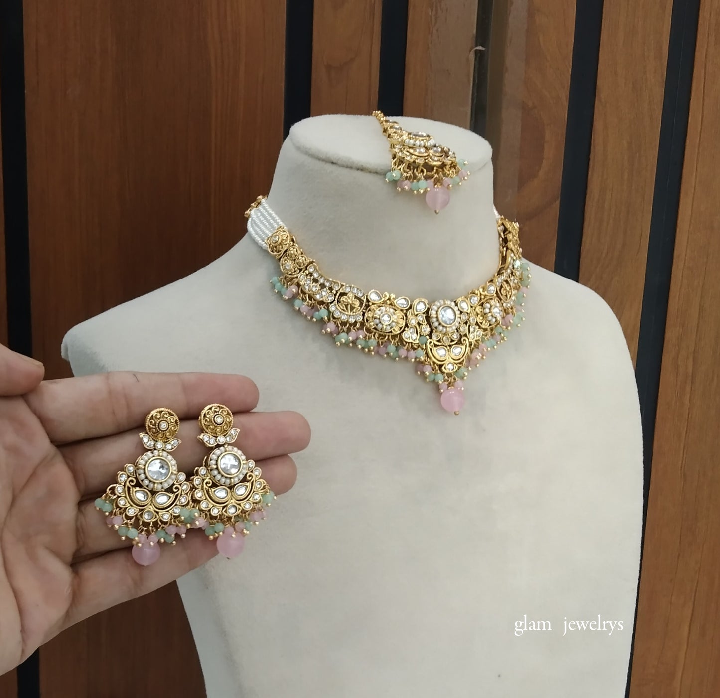 Gold Mint pink Kundan Choker Indian jewellery Gopi sets
