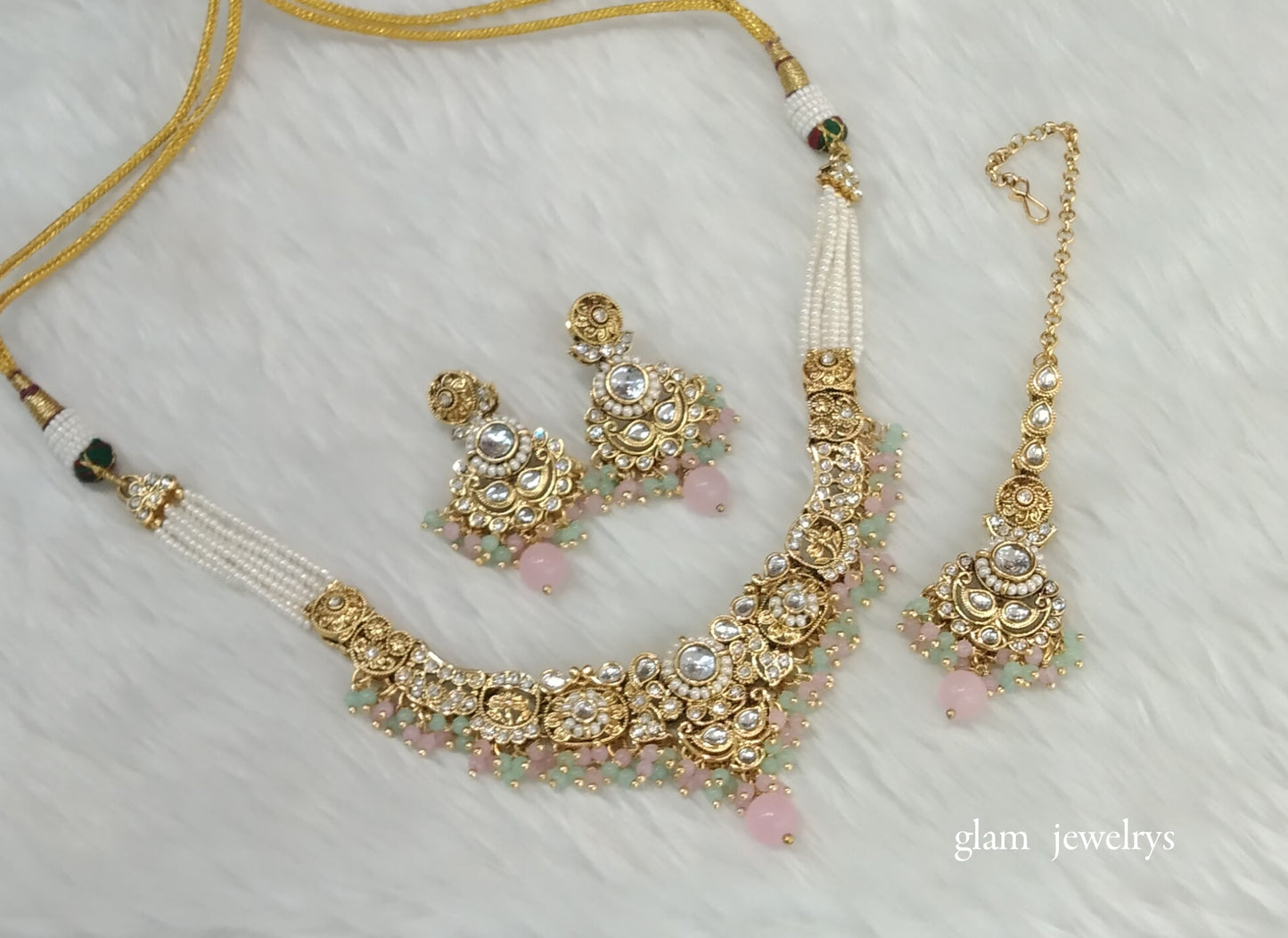 Gold Mint pink Kundan Choker Indian jewellery Gopi sets