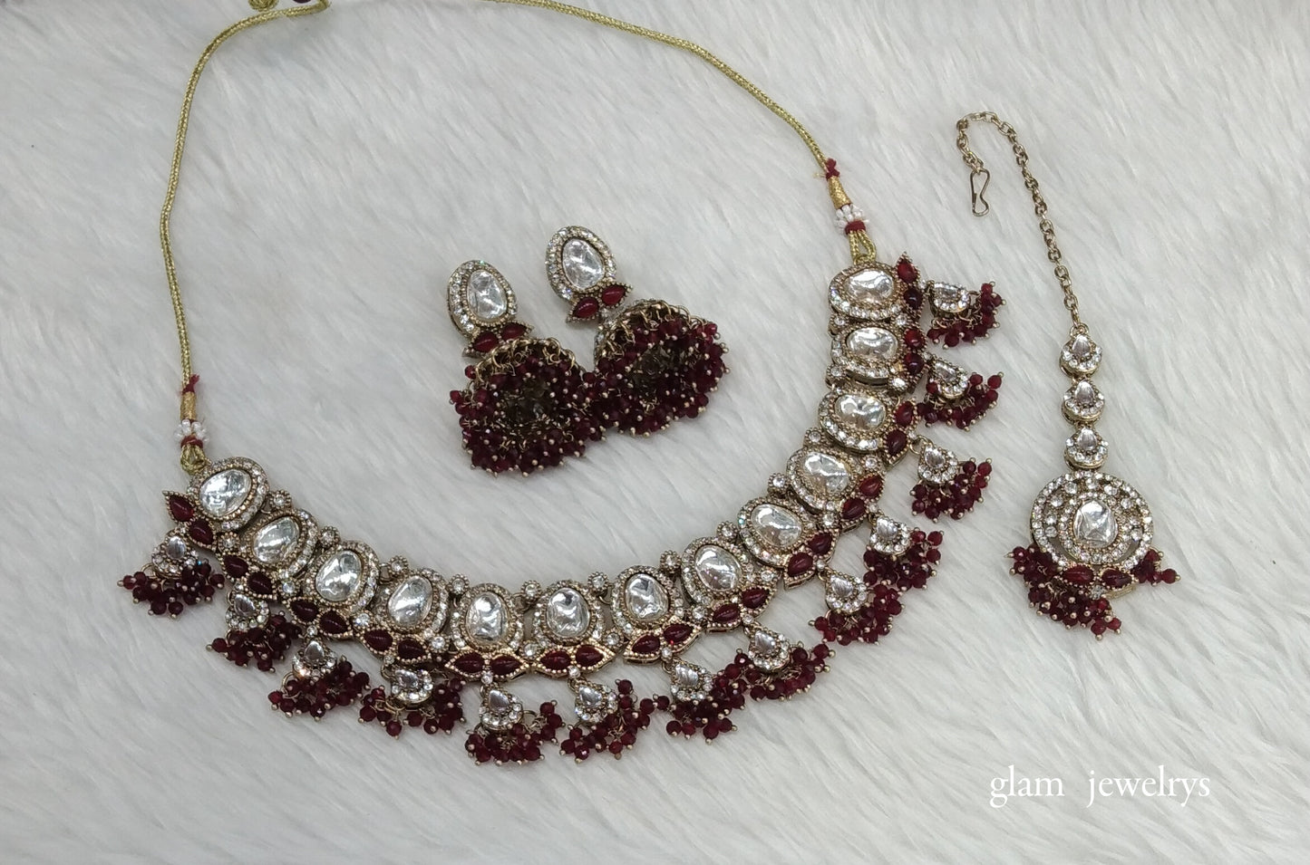 Antique Maroon Kundan Necklace Indian Jewelry Geet Set