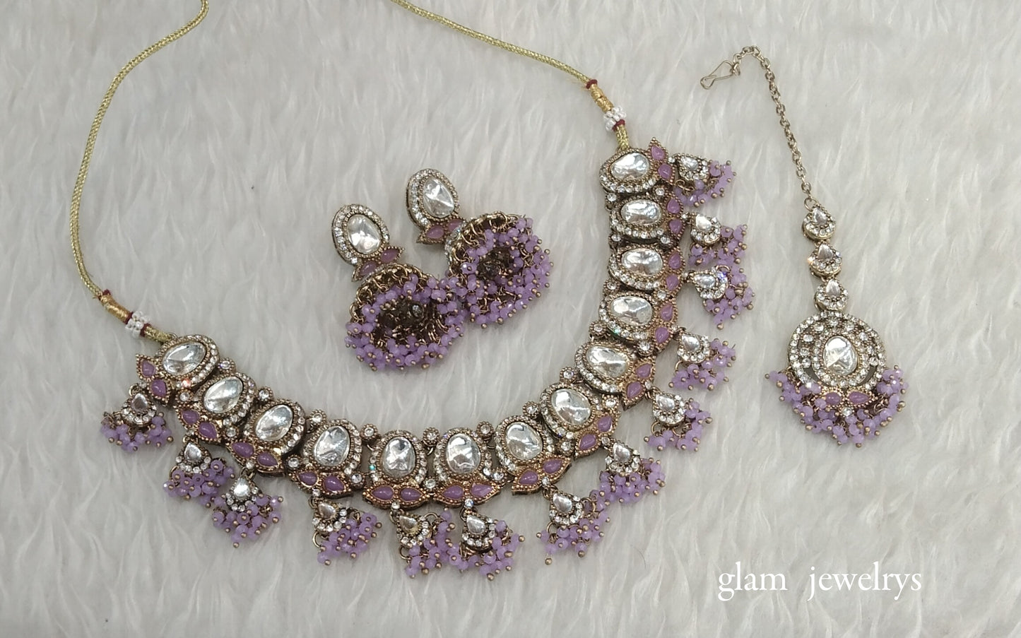 Antique Purple Kundan Necklace Indian Jewelry Geet Set