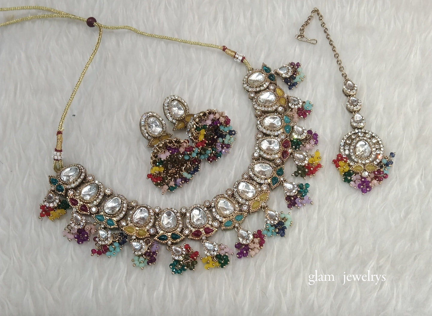 Antique Multi Color Kundan Necklace Indian Jewelry Geet Set