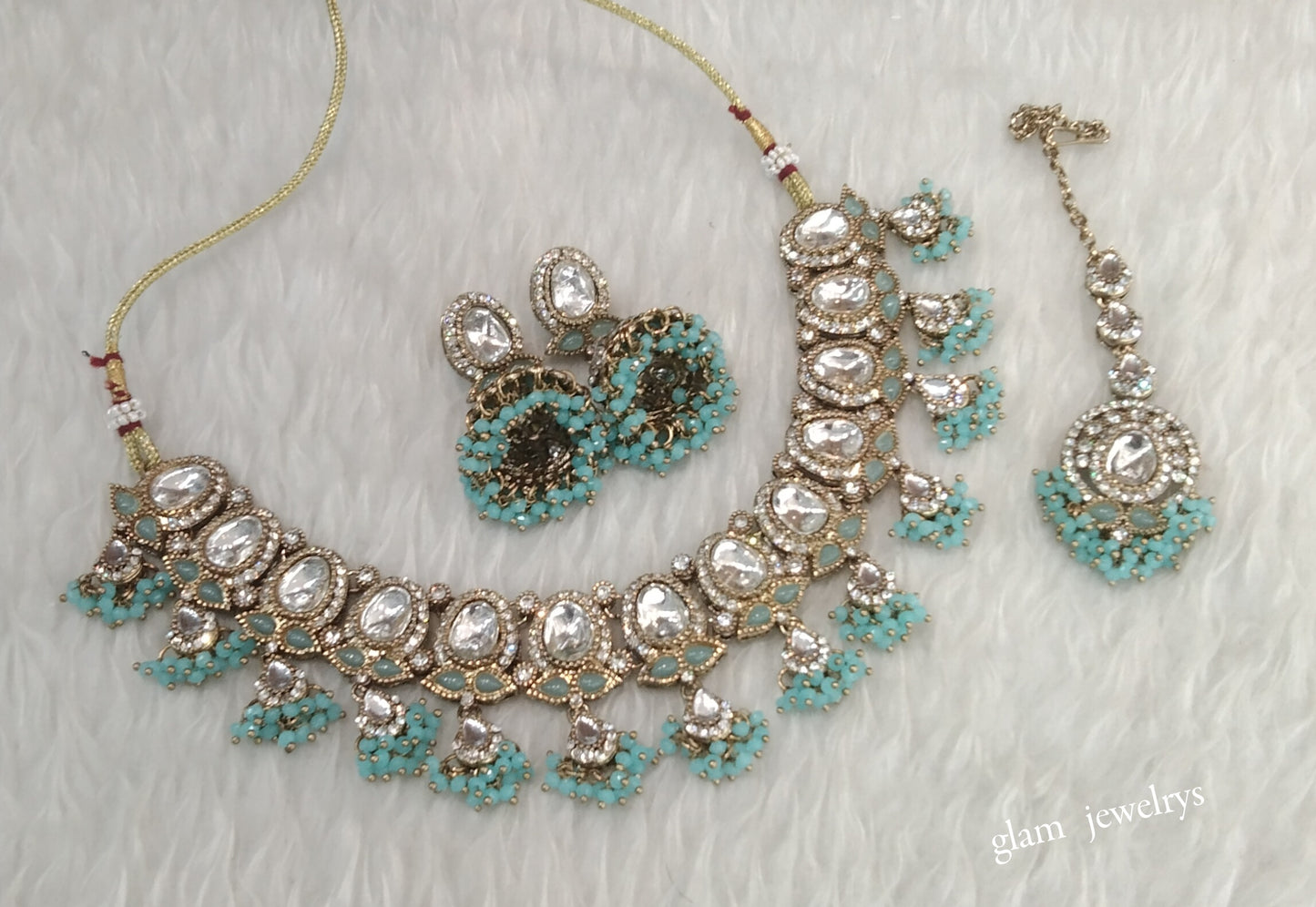 Antique Sky Blue Kundan Necklace Indian Jewelry Geet Set
