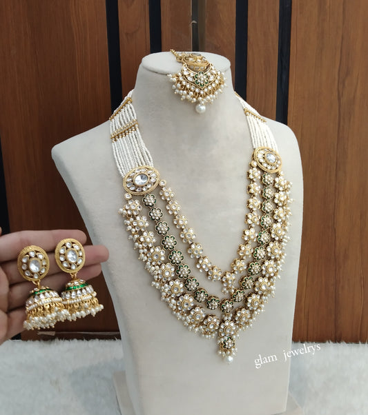 Gold White Kundan Long necklace Set/ kundan Indian jewellery Sunita sets