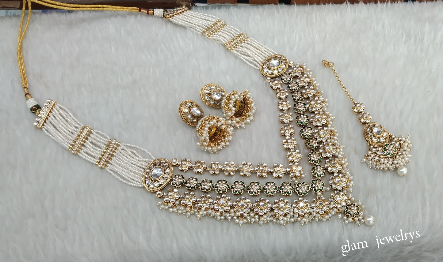 Gold White Kundan Long necklace Set/ kundan Indian jewellery Sunita sets