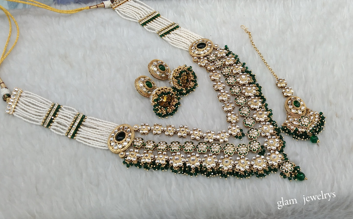 Gold Green Kundan Long necklace Set/ kundan Indian jewellery Sunita sets
