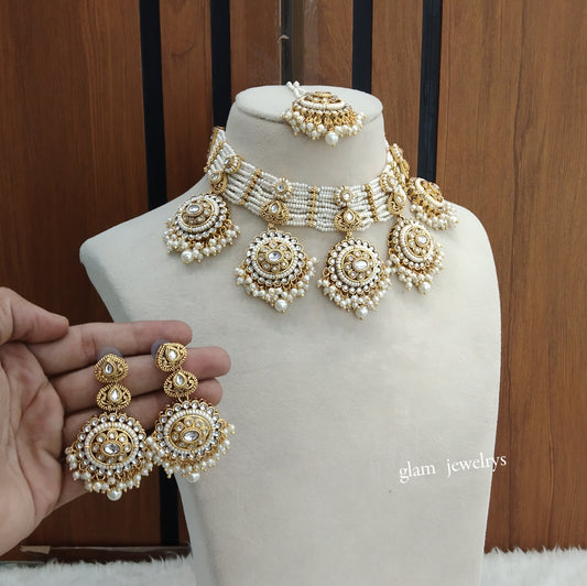 Gold White Kundan necklace Set/ kundan Indian jewellery Sunita sets