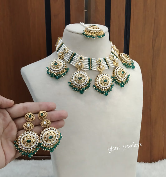 Gold Rama Green Kundan necklace Set/ kundan Indian jewellery Sunita sets