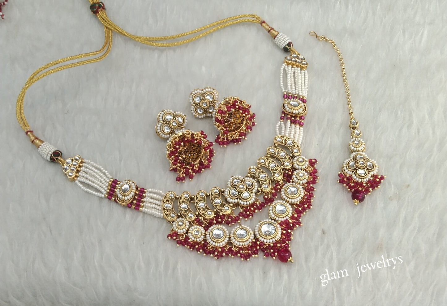 Gold Magenta Kundan necklace Set/ kundan Indian jewellery Diya sets