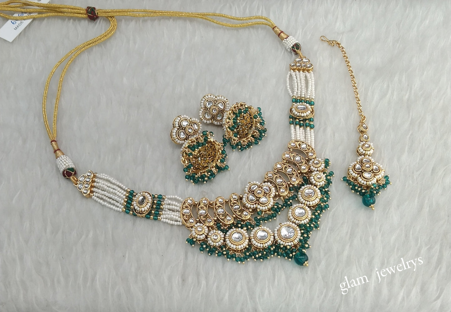 Gold Rama Green Kundan necklace Set/ kundan Indian jewellery Diya sets