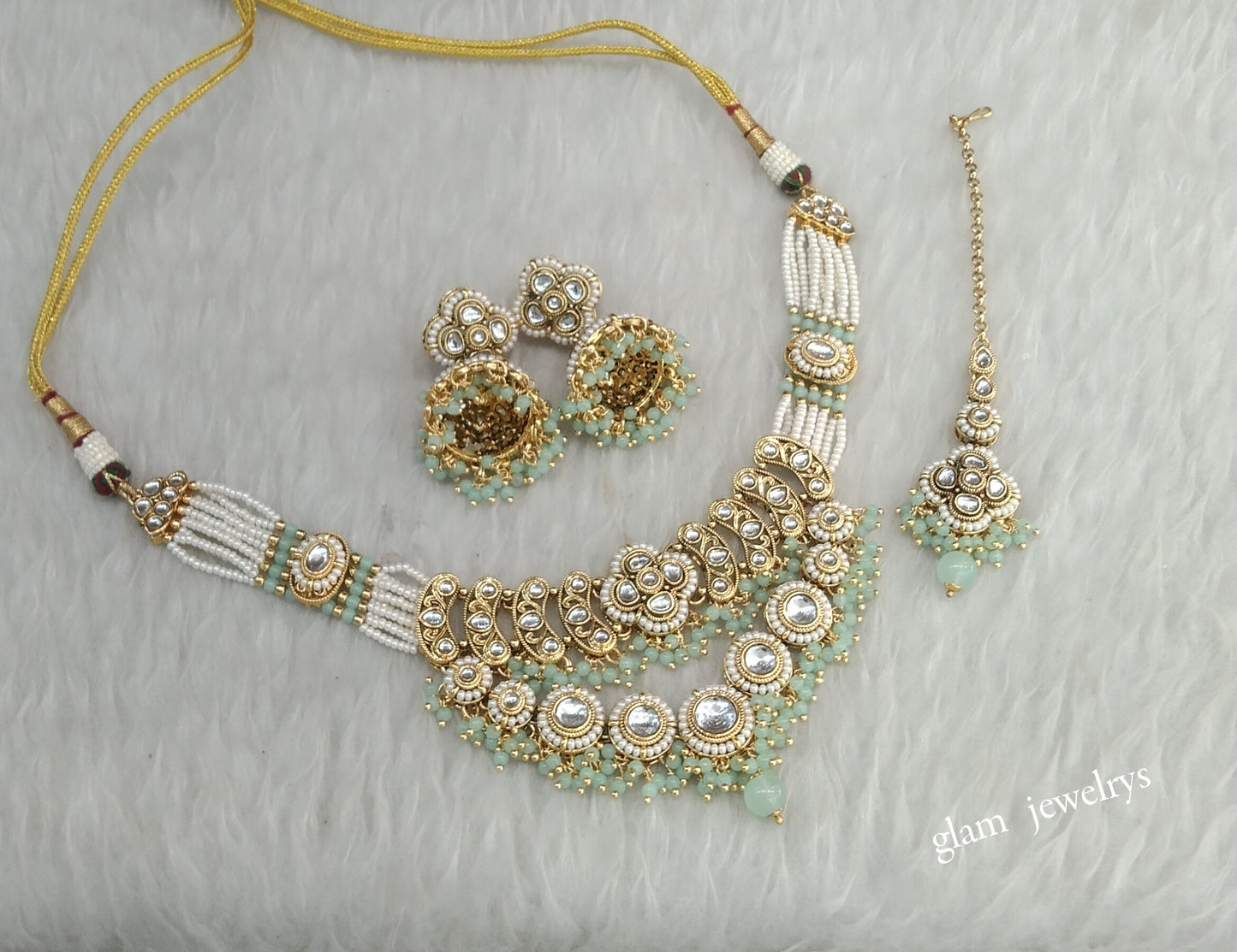 Gold Mint Kundan necklace Set/ kundan Indian jewellery Diya sets