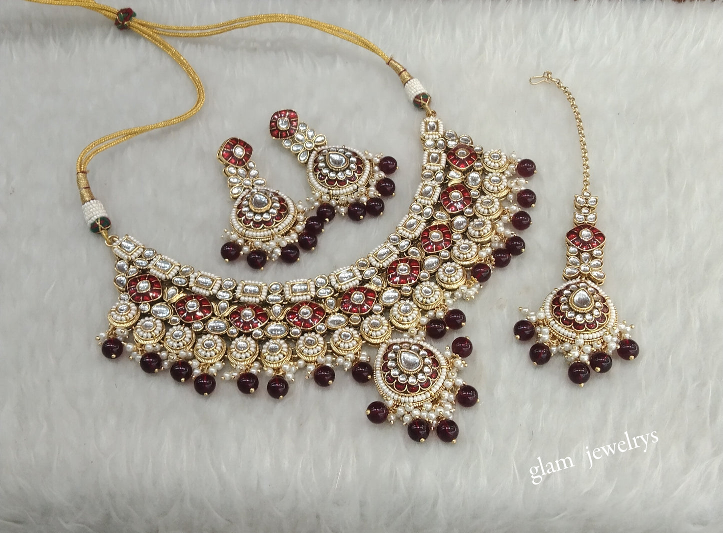 Gold Maroon Kundan necklace Set/ kundan Indian jewellery Aira sets