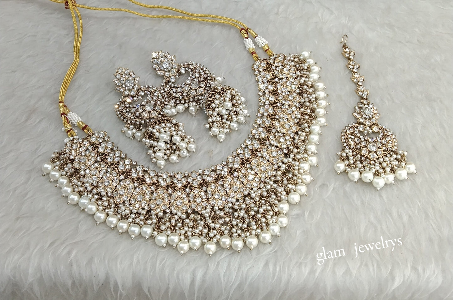 Antique Gold White Bridal Necklace Indain Jewellery Shallu Set