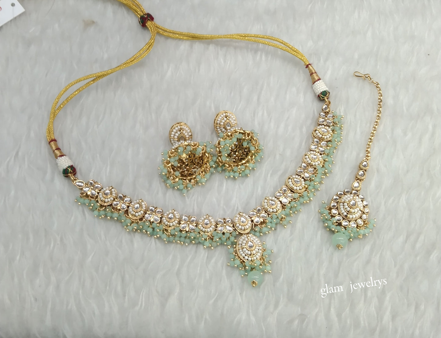 Gold Mint Kundan Necklace Indian Jewelry Rania Set