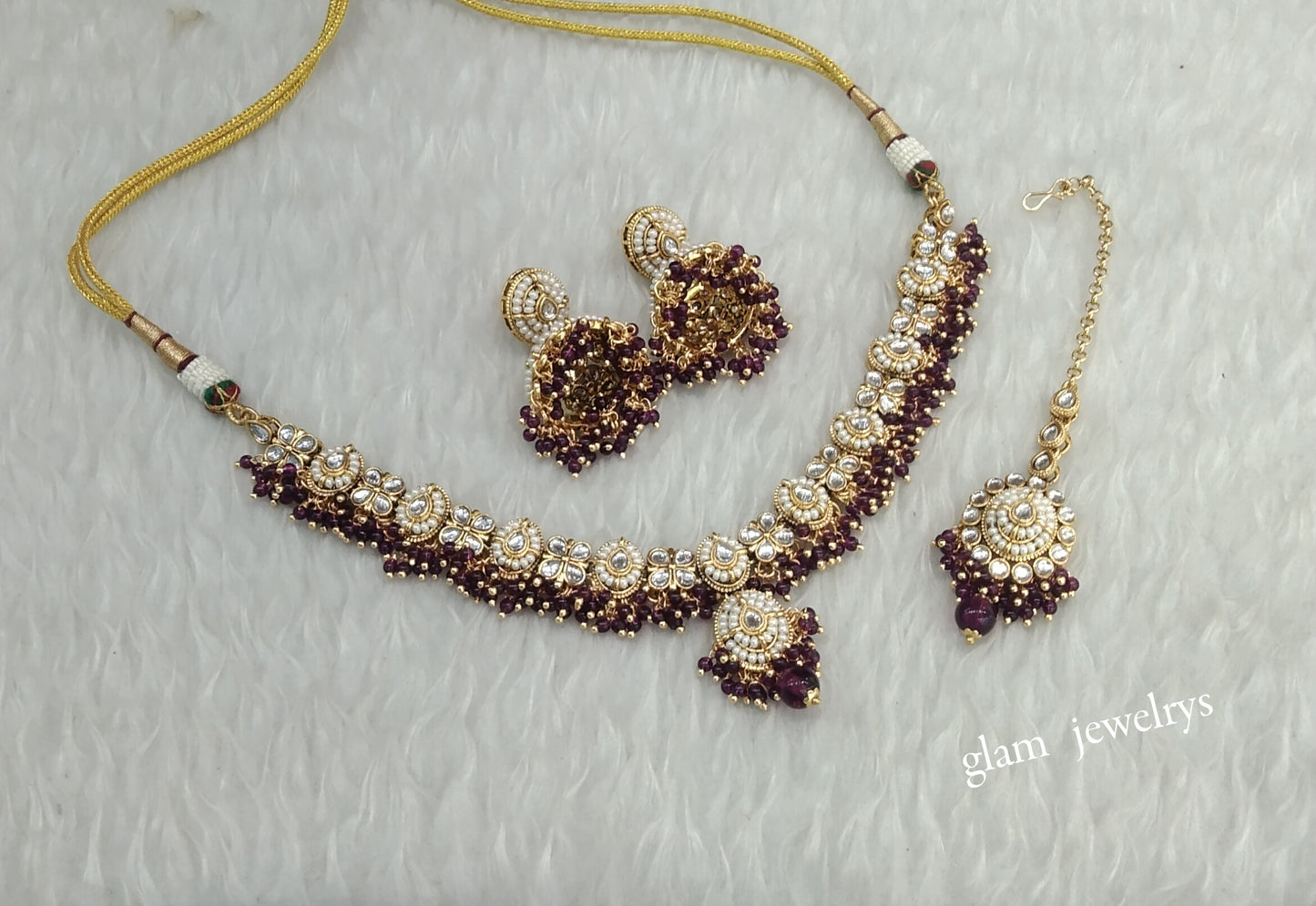Gold Purple Kundan Necklace Indian Jewelry Rania Set