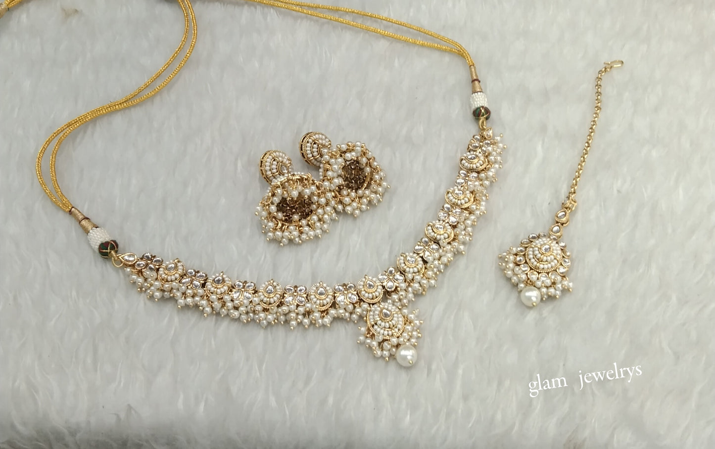 Gold White Kundan Necklace Indian Jewelry Rania Set