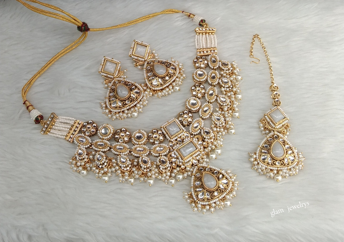 Gold white Kundan necklace Set/ kundan Indian jewellery Lily sets