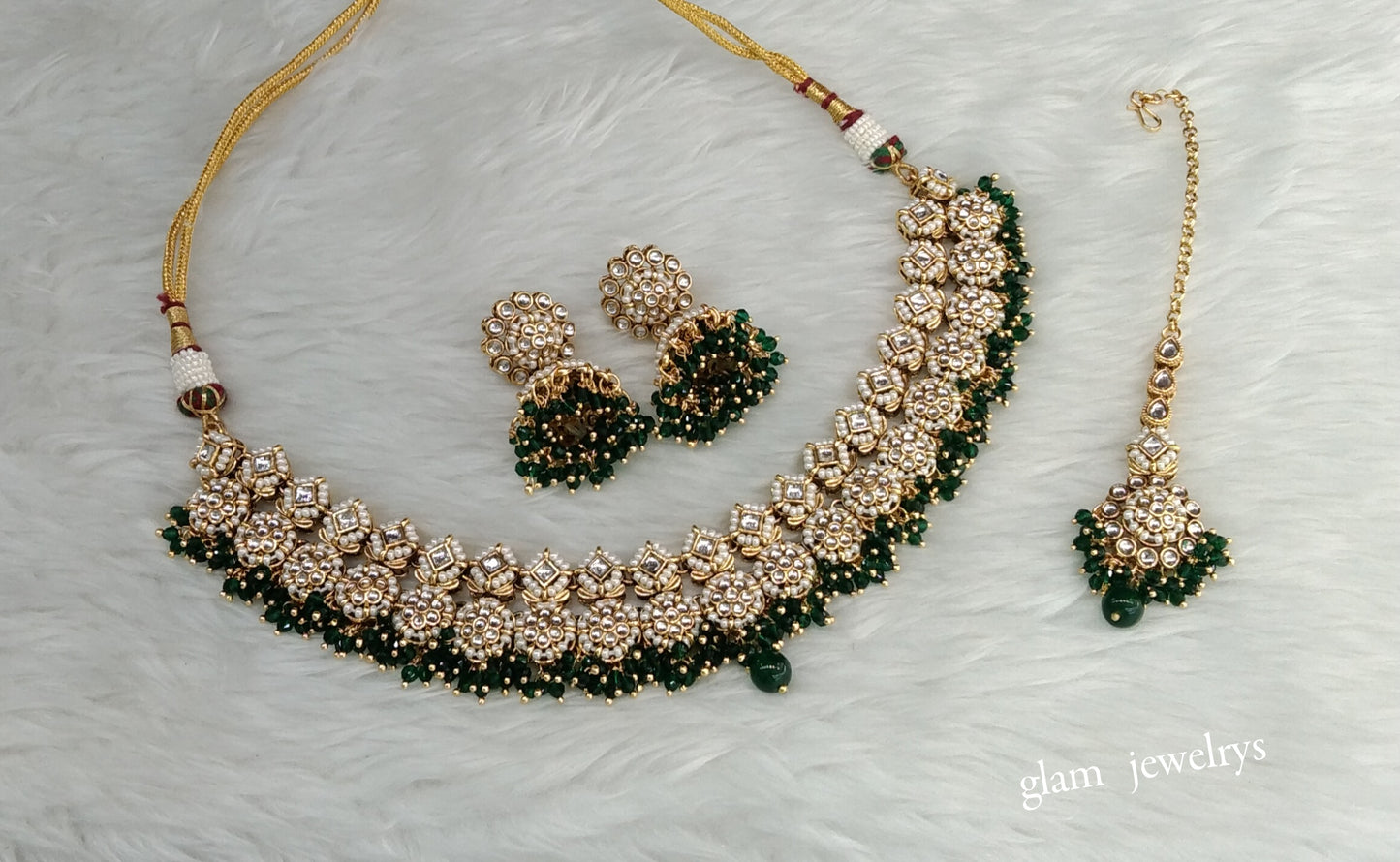 Gold Green Kundan necklace Set/ kundan Indian jewellery Mila sets