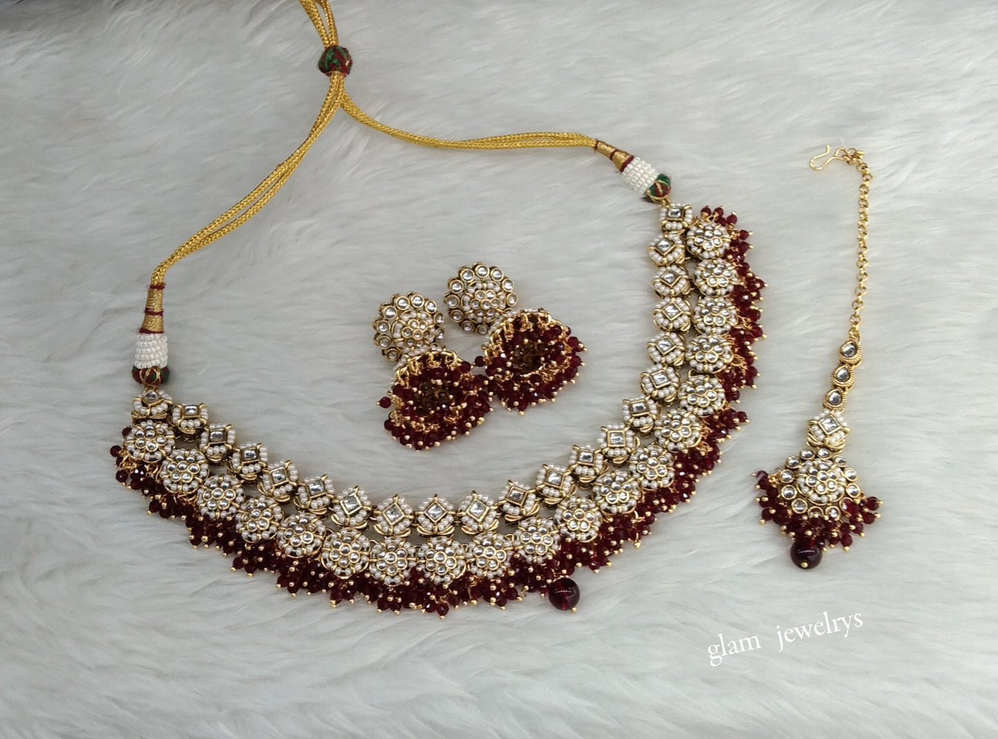 Gold Maroon Kundan necklace Set/ kundan Indian jewellery Mila sets