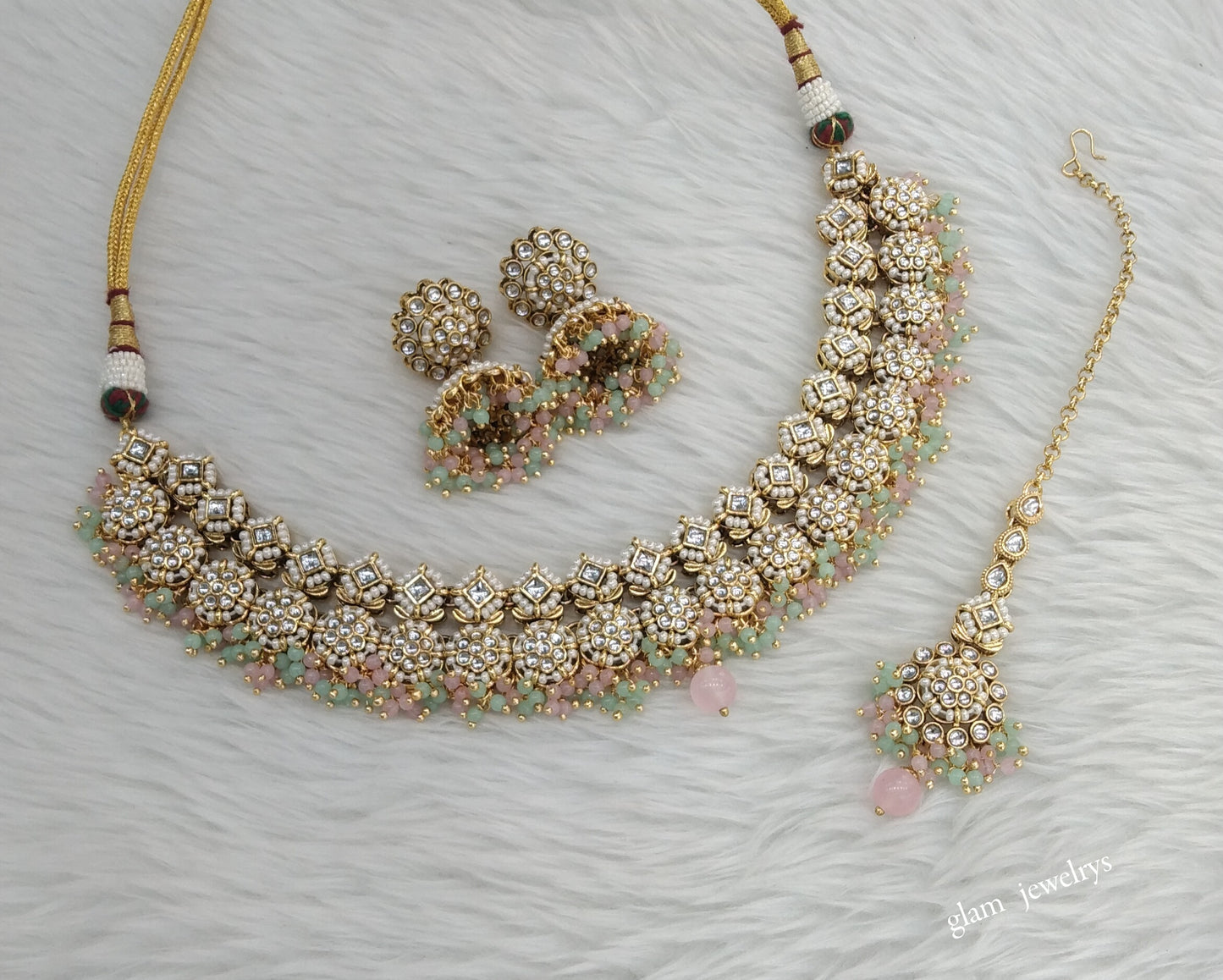 Gold Mint Pink Kundan necklace Set/ kundan Indian jewellery Mila sets