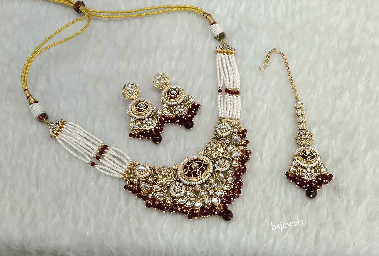 Gold Maroon Kundan necklace Set/ kundan Indian jewellery Zuri sets