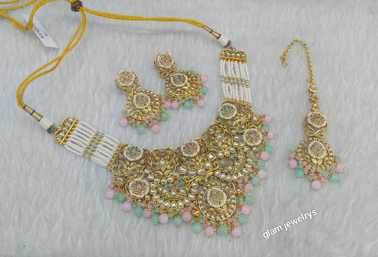 Gold Mint pink Kundan necklace Set/ kundan Indian jewellery Gargi sets