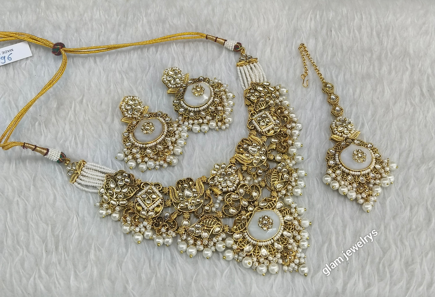 Gold White Kundan necklace Set/ kundan Indian jewellery Vina sets
