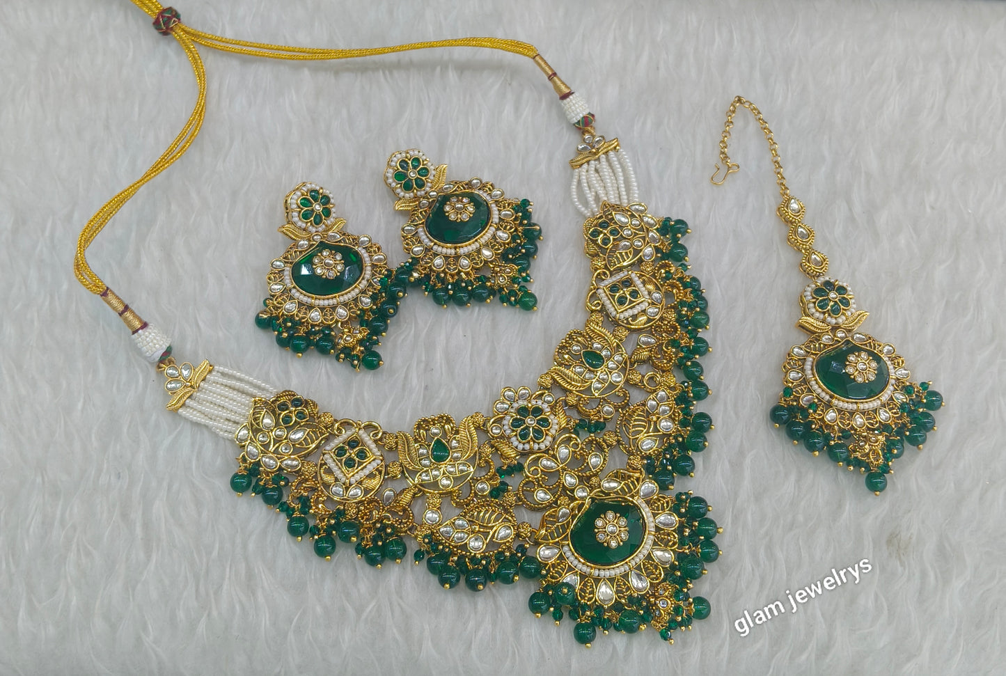 Gold Green Kundan necklace Set/ kundan Indian jewellery Vina sets