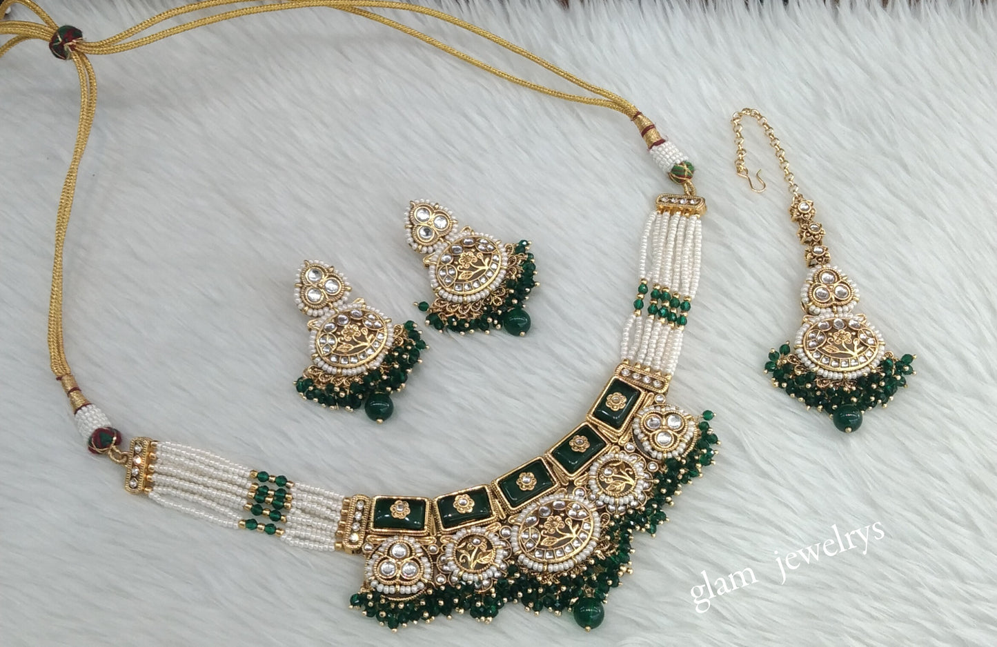 Gold Green Kundan necklace Set/ kundan Indian jewellery Sylvia sets