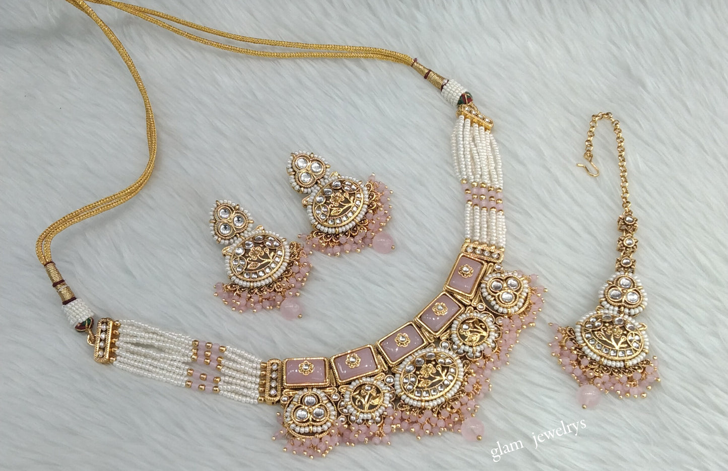 Gold Pink Kundan necklace Set/ kundan Indian jewellery Sylvia sets