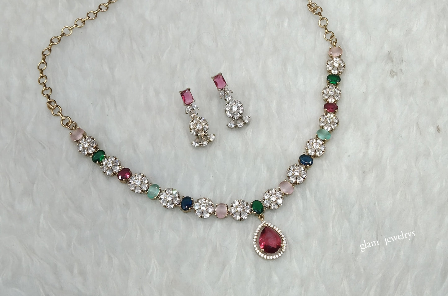 Antique Multi Color American Diamond AD Geeta Necklace Set /Indian Necklace Sets