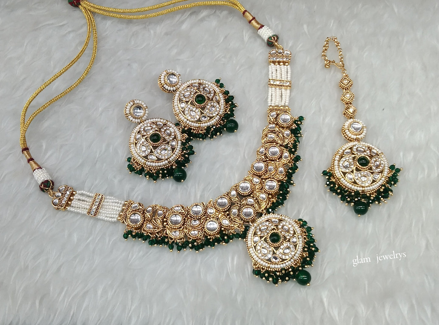 Gold Green Kundan necklace Set/ kundan Indian jewelry kundan Lennon sets