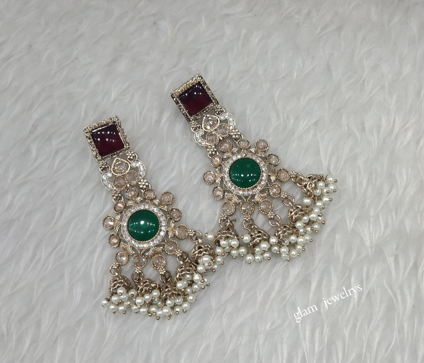 Antique Gold Maroon Green Bollywood Indian Louka Earrings
