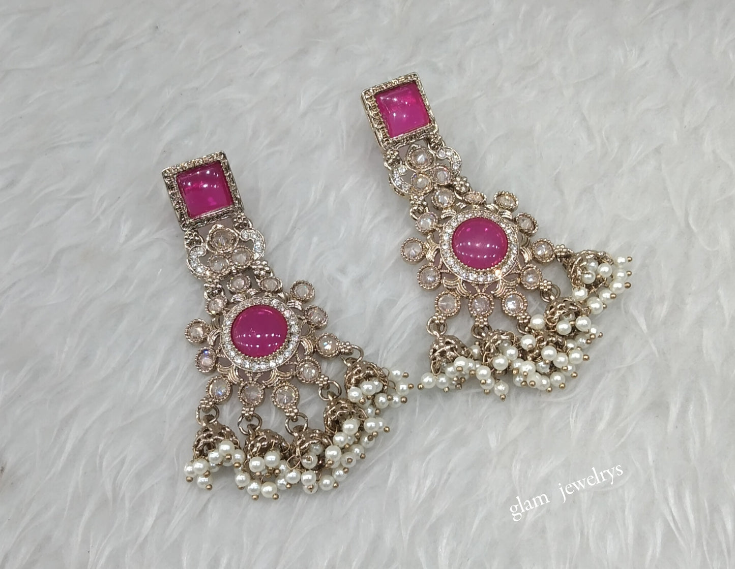 Antique Gold Majenta Bollywood Indian Louka Earrings