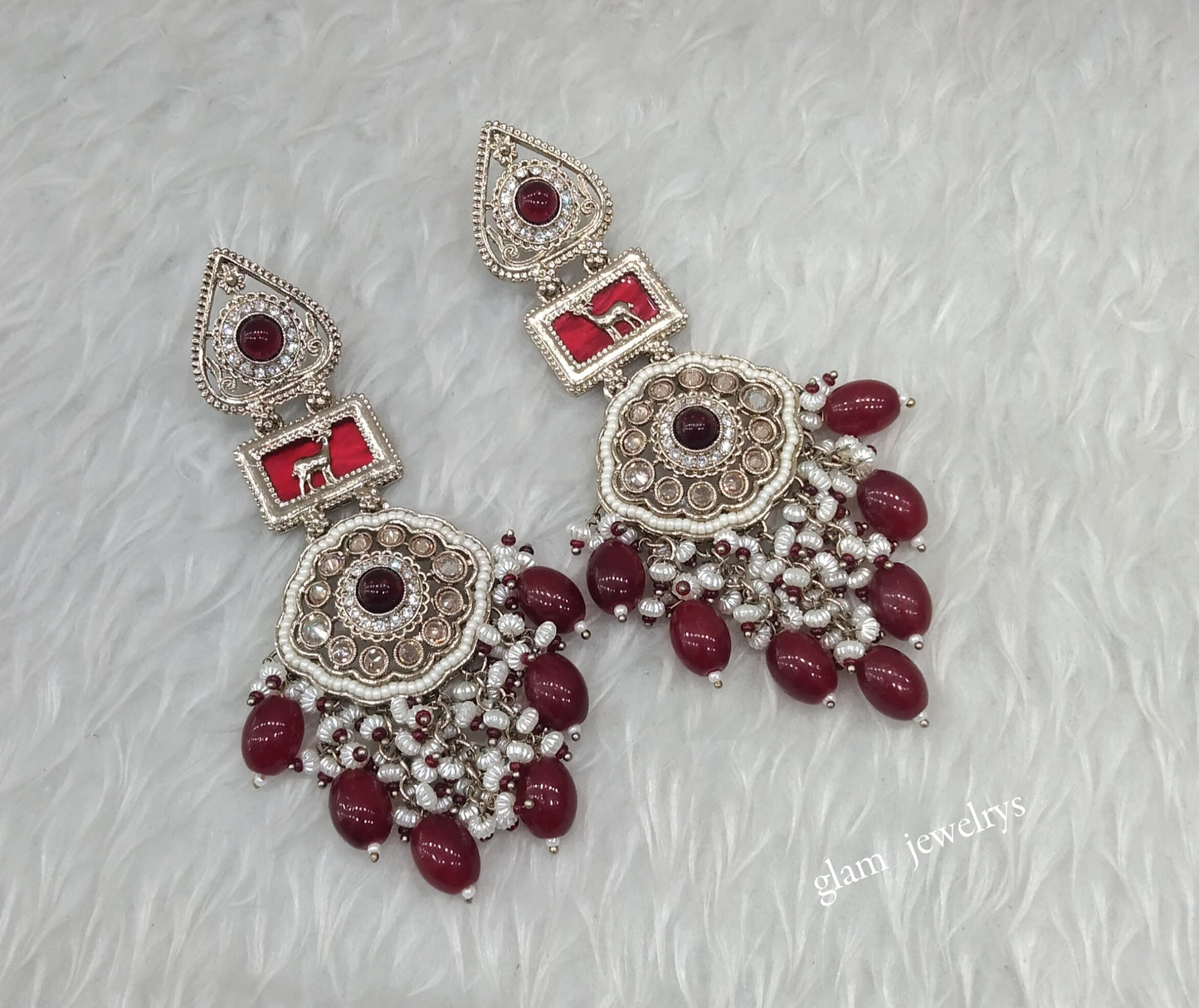 Antique Gold Maroon Bollywood Indian Lone Earrings