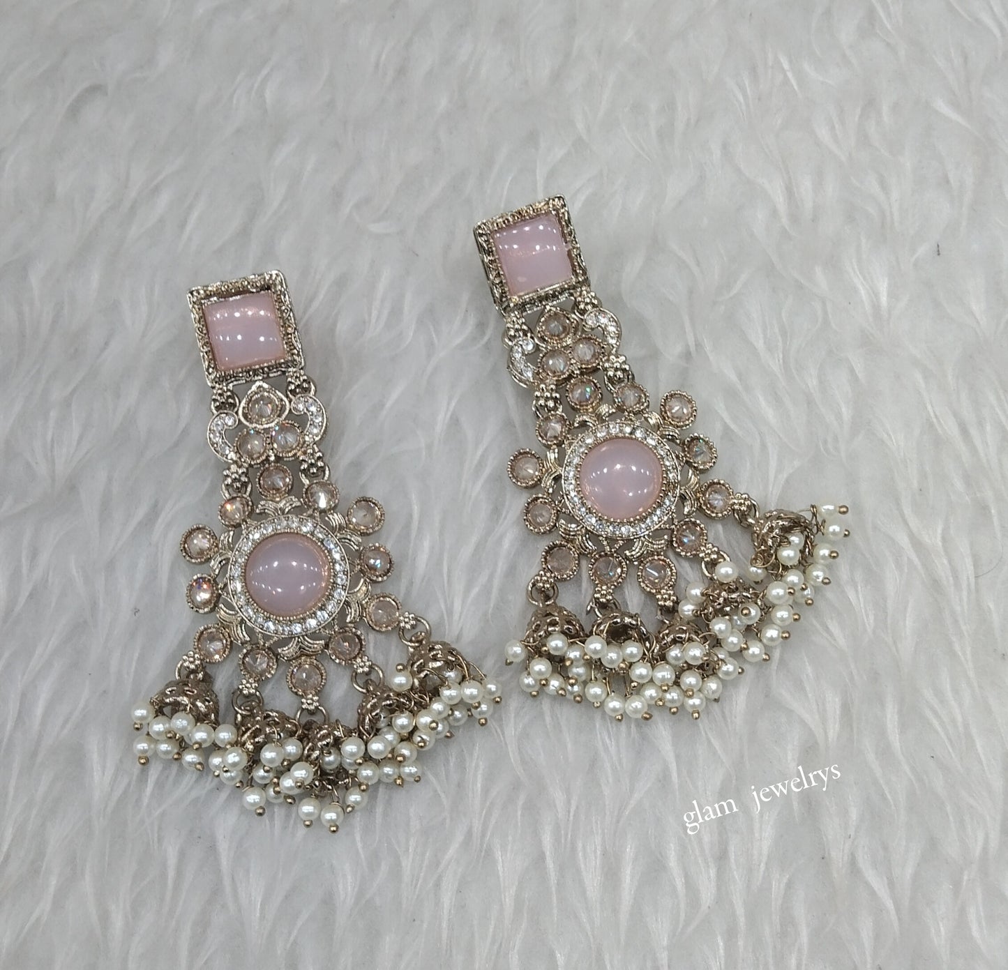 Antique Gold Pink Bollywood Indian Louka Earrings