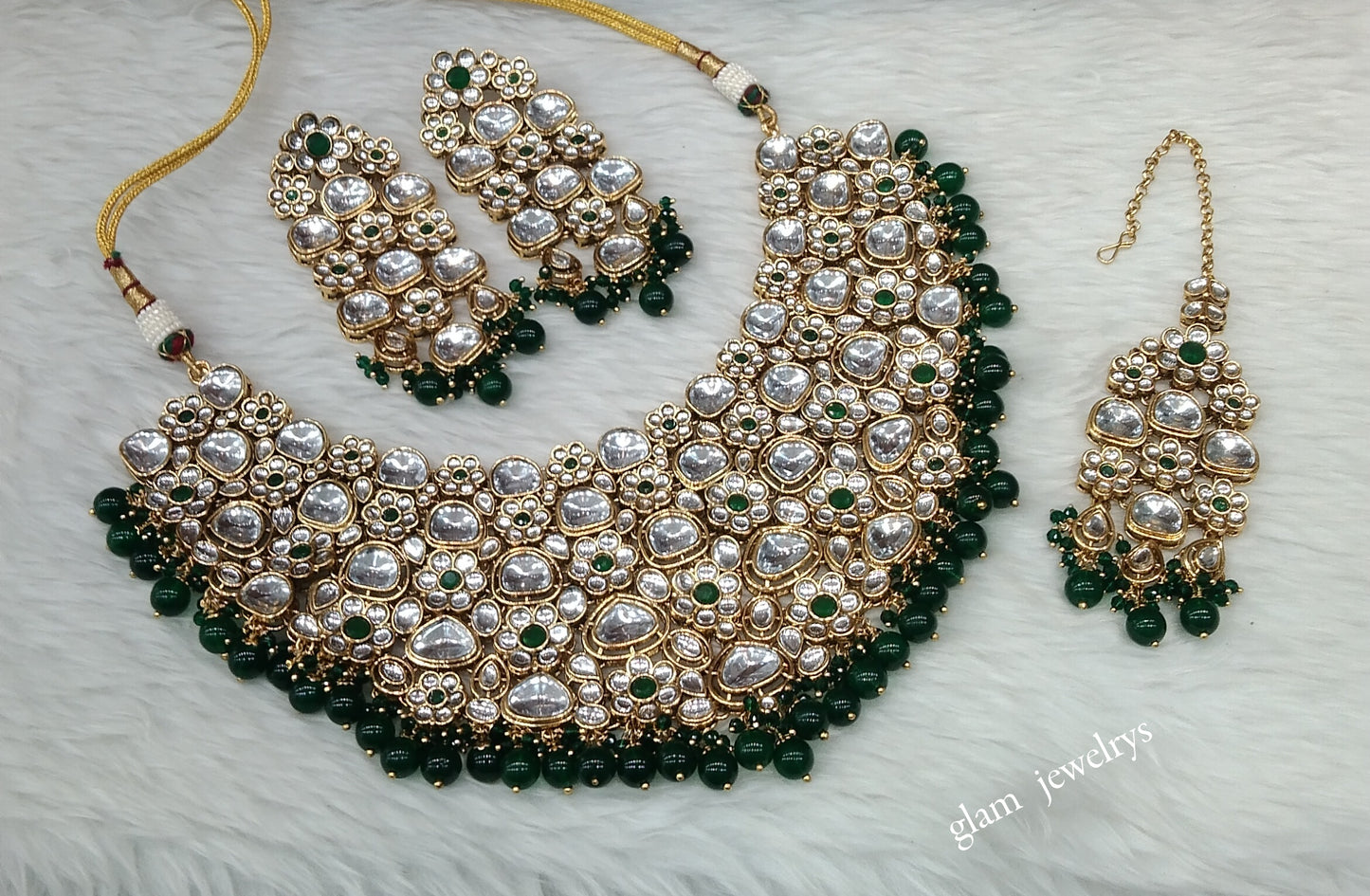 Indian Jewellery/Green Gold Semi Bridal Kundan Gifty necklace Set Indian Semi Bridal Jewellery