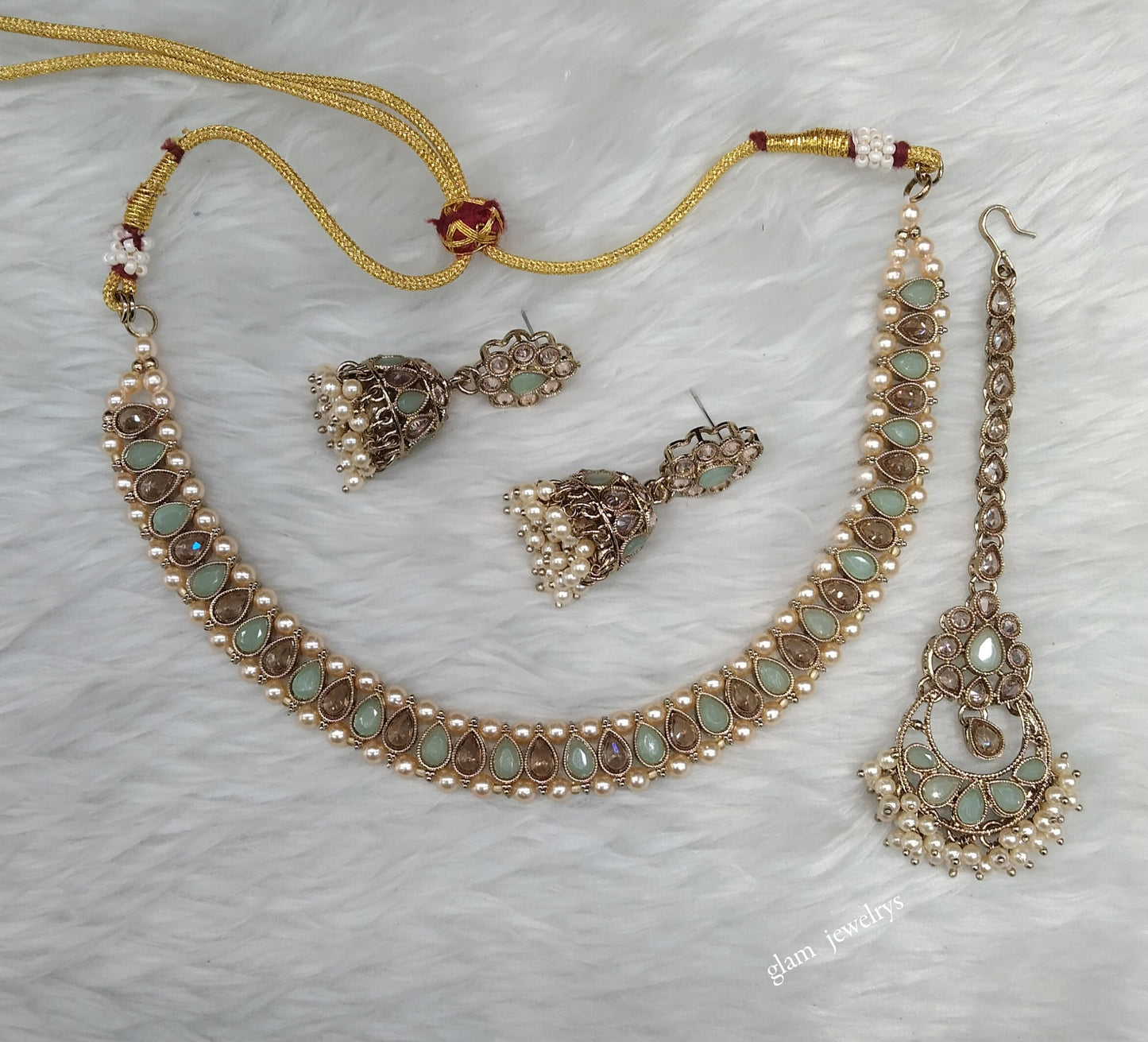 Antique Gold Mint Necklace Set/ Antique gold rani Indian Bridal Jagjeet Jewellery