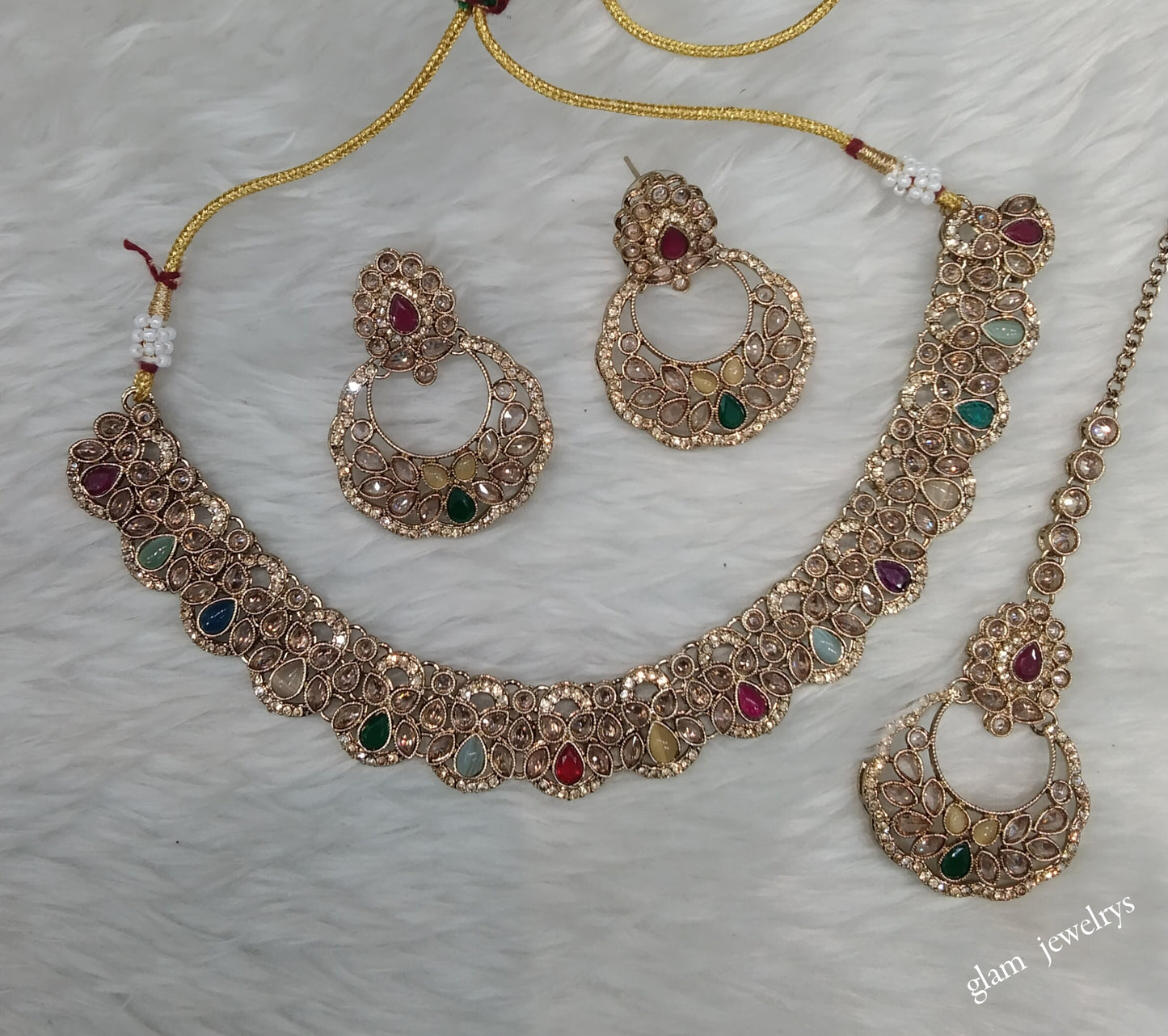 Antique Gold Multi Color Necklace Set/ Antique gold rani Indian Bridal Lovedeep Jewellery
