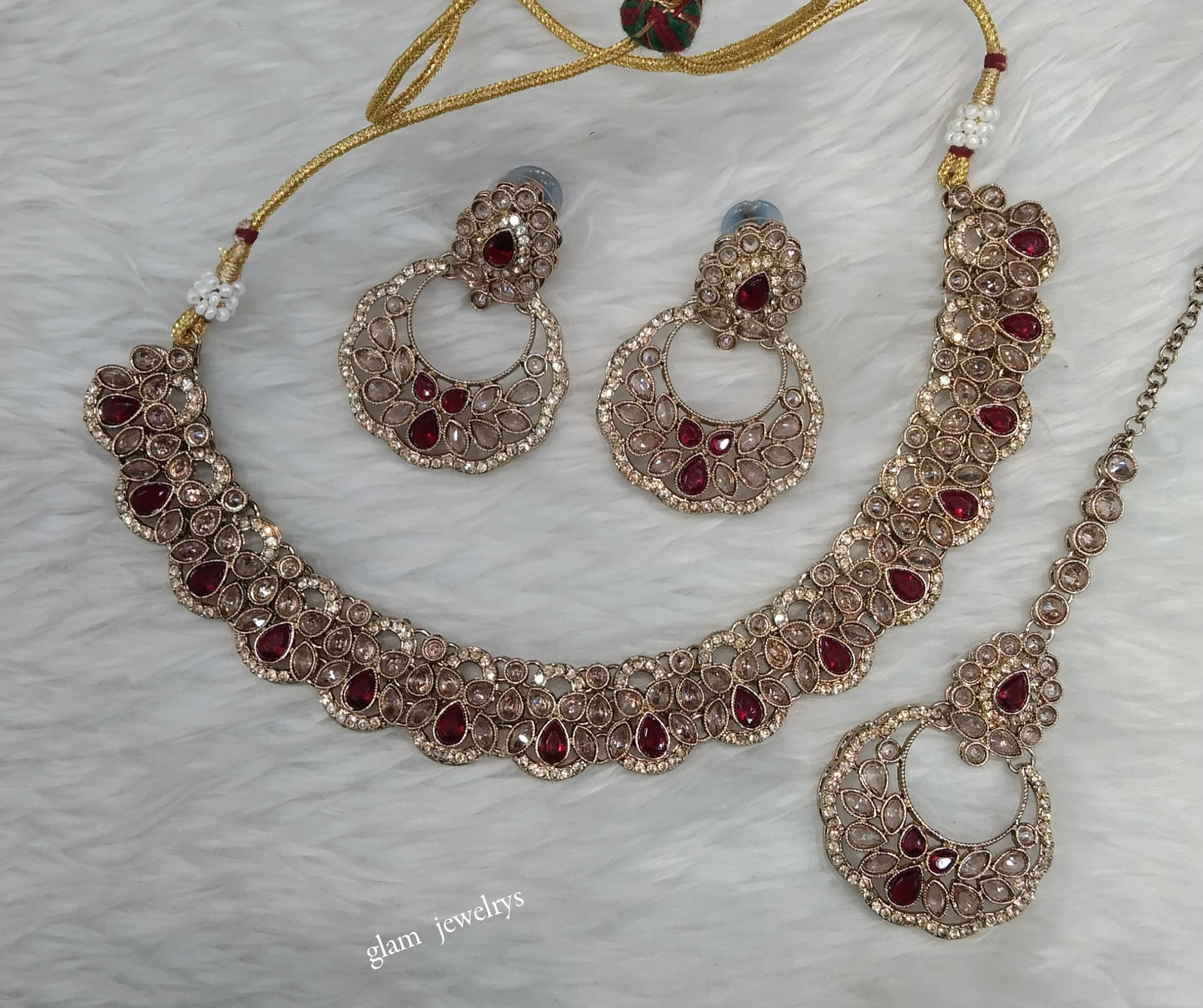 Antique Gold Maroon Necklace Set/ Antique gold rani Indian Bridal Lovedeep Jewellery