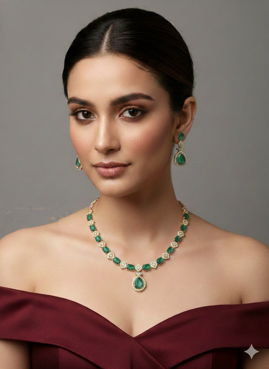 Antique Green American Diamond AD Sona Necklace Set /Indian Necklace Jasika Set