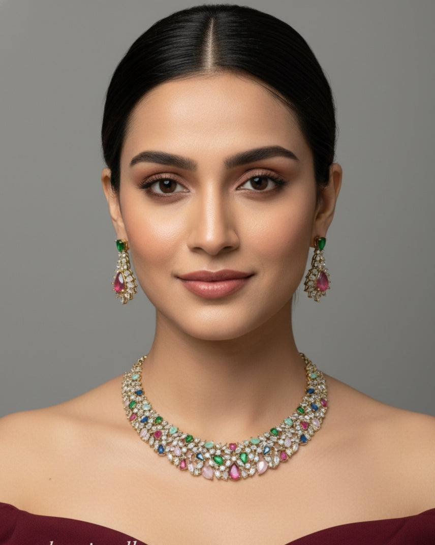 Antique Multi Color American Diamond AD Sona Necklace Set /Indian Necklace Heroin Set