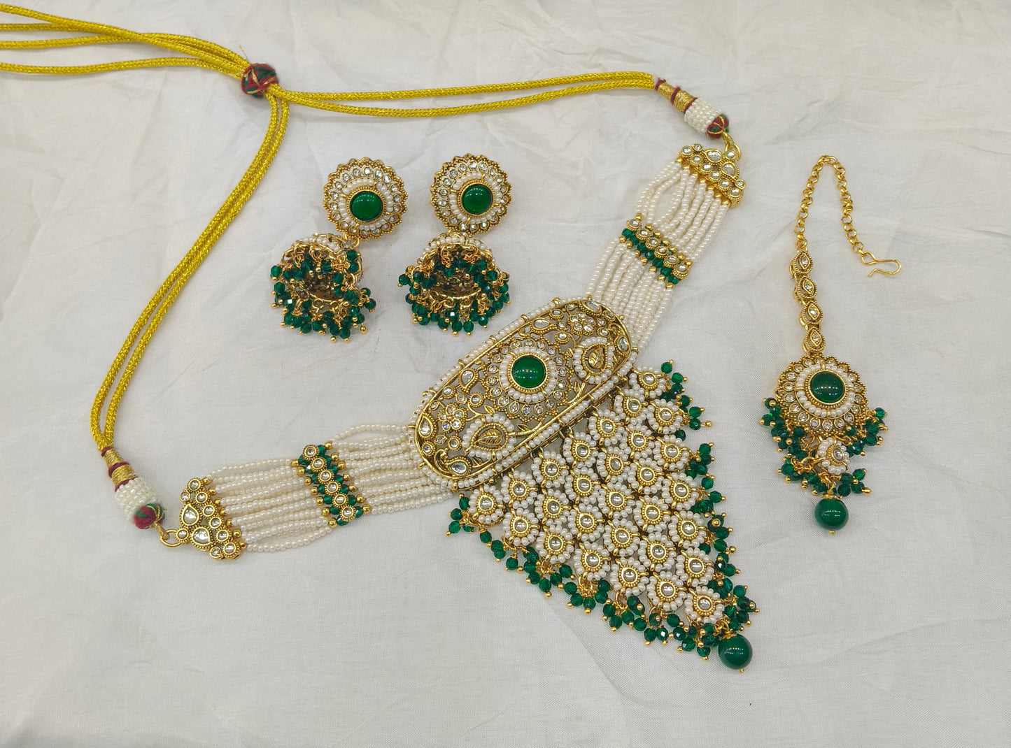 Indian Jewellery Green Kundan waterfall choker Lohit Sets