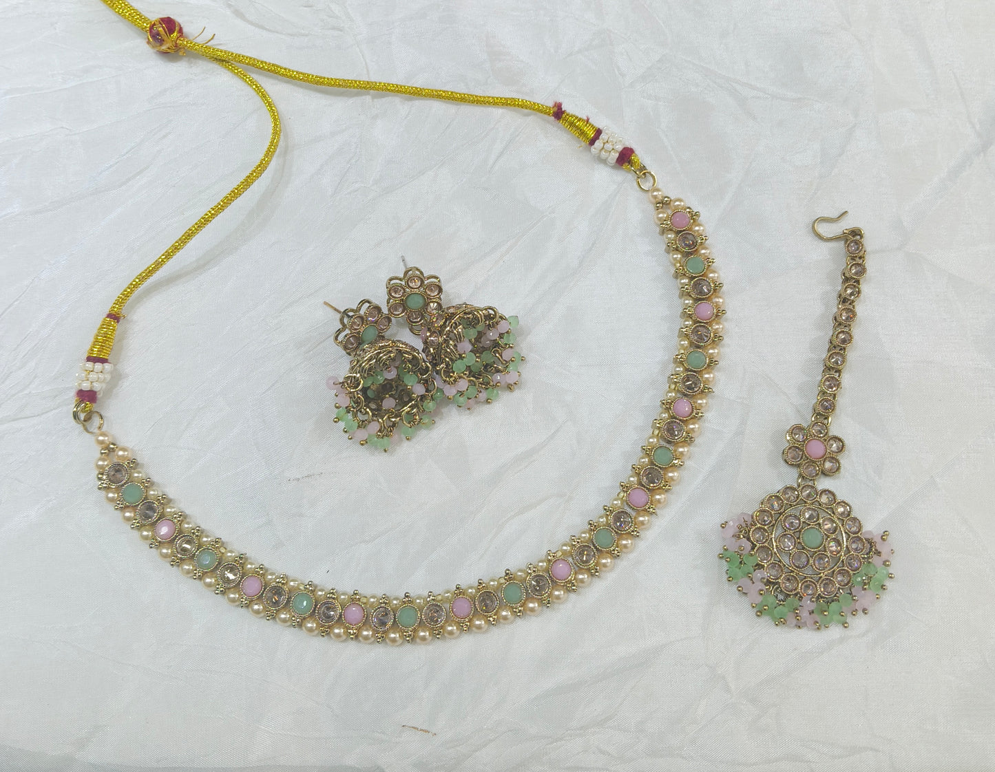 Antique Gold Mint pink Necklace Set/ Antique gold rani Indian Bridal Jagjeet Jewellery