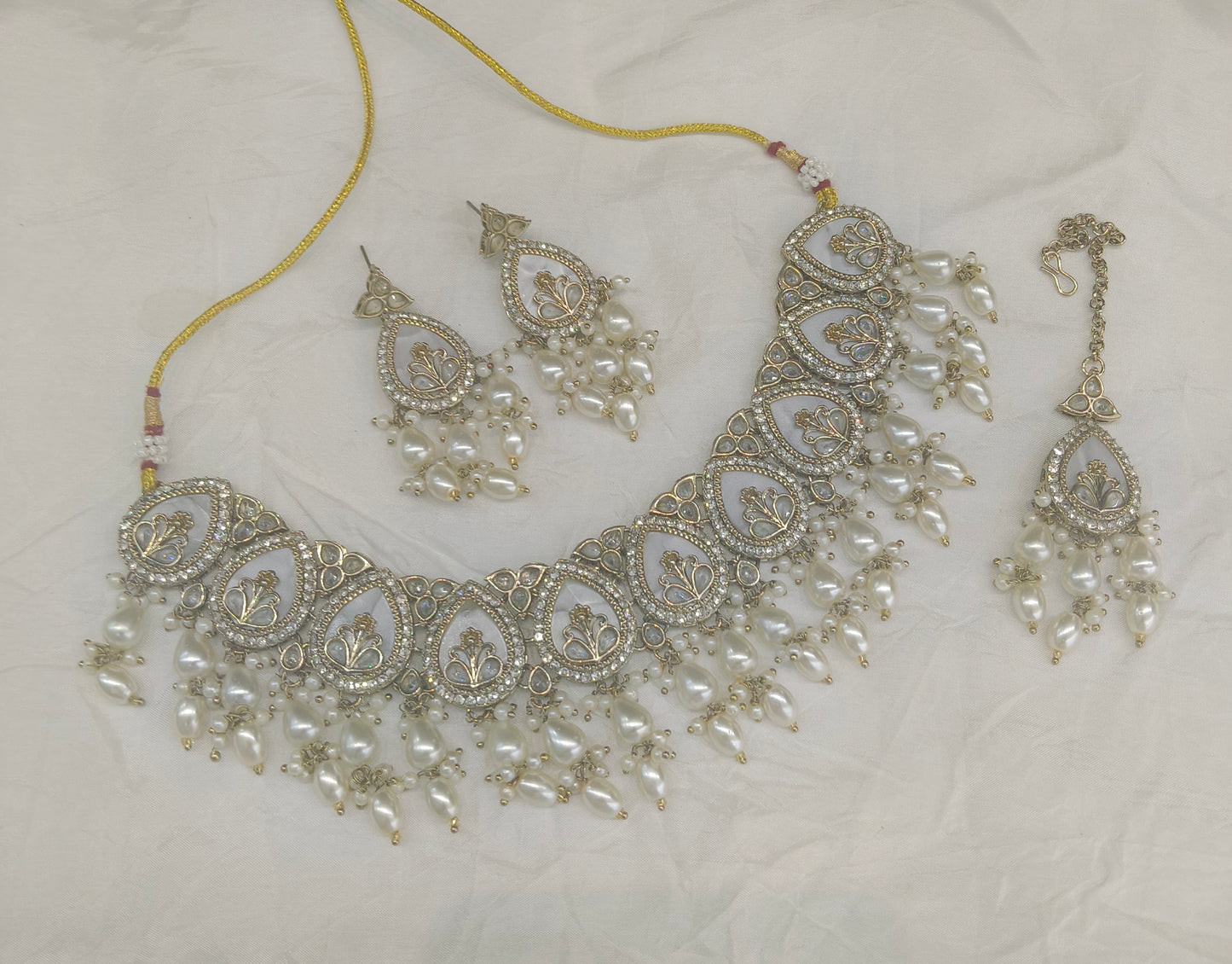 Antique Gold White Necklace Set/ Antique gold Indian Betty Jewellery
