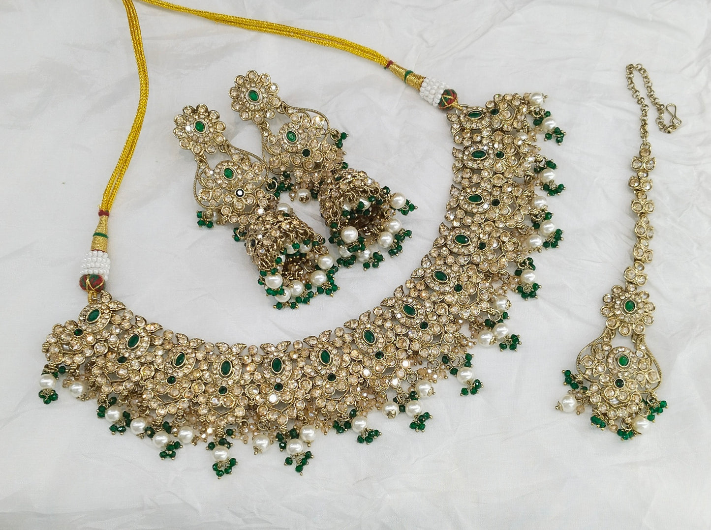 Antique Gold Green Necklace Set/ Antique gold Indian Joan Jewellery
