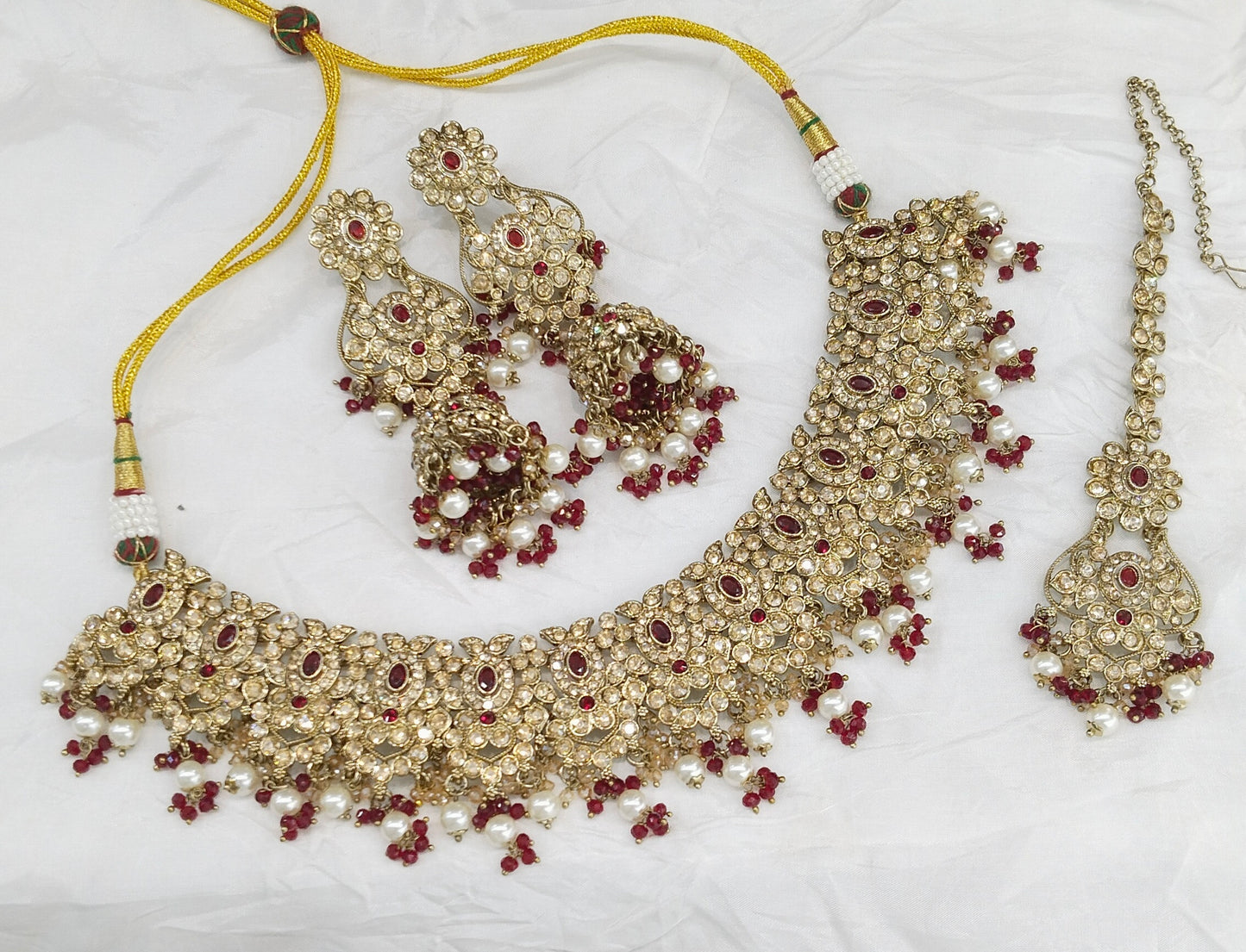 Antique Gold Maroon Necklace Set/ Antique gold Indian Joan Jewellery