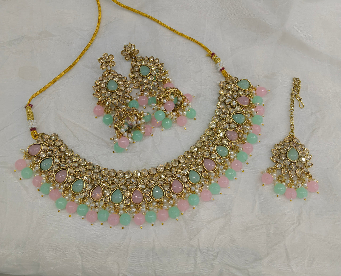 Antique Gold Mint Pink Necklace Set/ Antique gold rani Indian Bridal Devika Jewellery